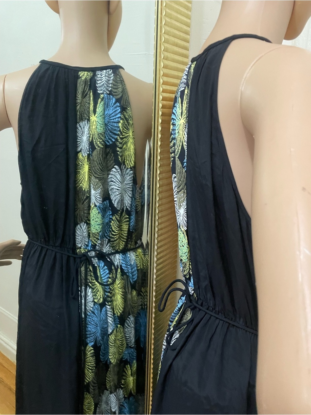Diane Von Furstenberg Black Maxi with Blue and Gold Leaf Panel - Picture 7 of 12